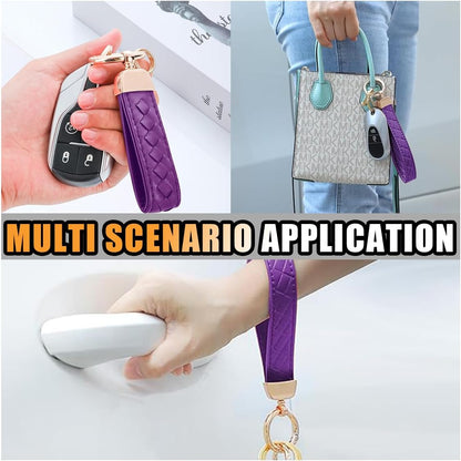 Genuine Leather Car Keychain, 360 Degree Rotatable Handmade Knit Sheepskin Keychain, Key Fob Holder with Anti-Lost D-Ring (Purple)