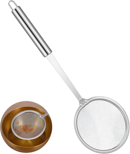 Stainless Steel Fat Skimmer Spoon 4” Fine Mesh Strainer with 9” Heat-Resistant Handle Grease Strainer Spoon Fat Separator for Cooking Frying Quinoa Soup Miso Foam Grease
