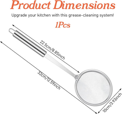Stainless Steel Fat Skimmer Spoon 4” Fine Mesh Strainer with 9” Heat-Resistant Handle Grease Strainer Spoon Fat Separator for Cooking Frying Quinoa Soup Miso Foam Grease