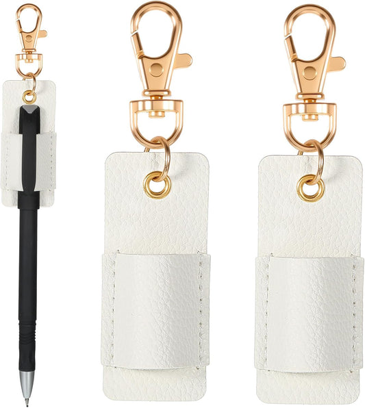 2 Pcs Pen Holder for Lanyard, White PU Leather Anti-Lost Lanyard Pen Clip Retractable Pens Holder Clip Keychain, Portable Pouch Pocket Pens Holders for Pencil Badges Clipboard Nurses Office School