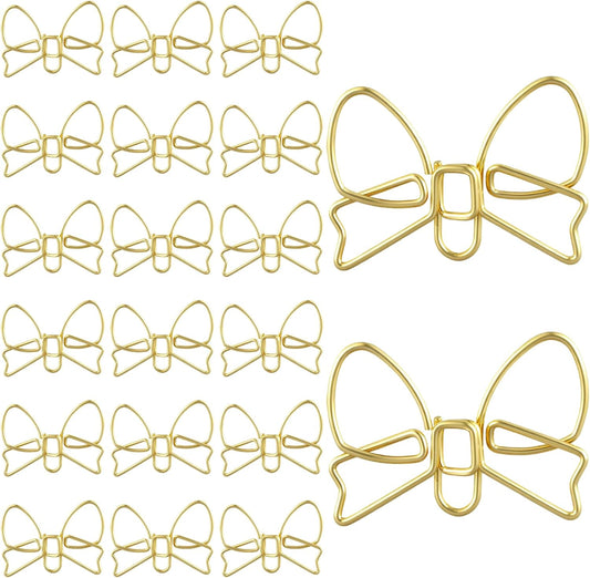 20 Pcs Mini Bow Shape Paper Clips, Gold Paperclips Cute Paper Clips Decorative Bowknot Paperclips Metal Bookmarks Funny Planner Clip Desk Accessories for School Office Supplies Home Document