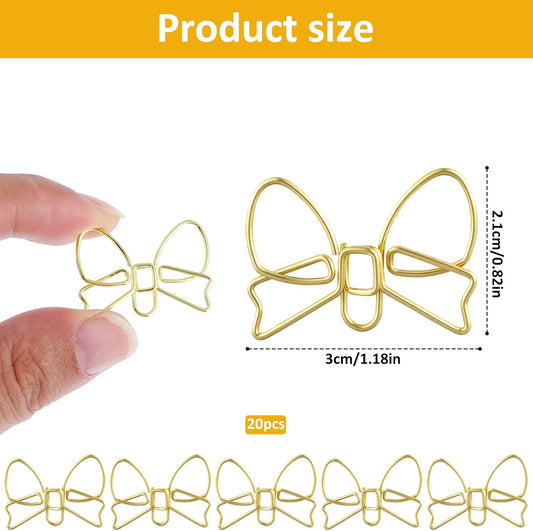 20 Pcs Mini Bow Shape Paper Clips, Gold Paperclips Cute Paper Clips Decorative Bowknot Paperclips Metal Bookmarks Funny Planner Clip Desk Accessories for School Office Supplies Home Document