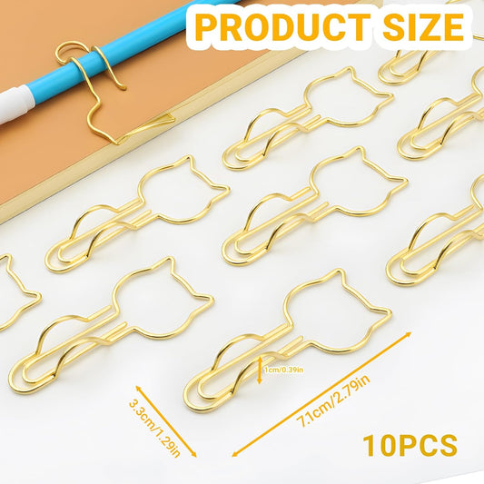 10-Pack Metal Pen Clips - Cute Cat Shaped Gold Paperclip Pen Holder for Notebooks and Papers - Metal Pen Clip Holder and Pen Holder Clip - School Office Supplies