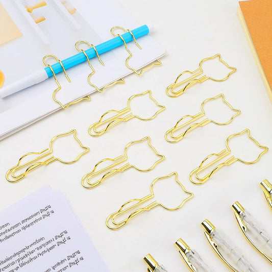 10-Pack Metal Pen Clips - Cute Cat Shaped Gold Paperclip Pen Holder for Notebooks and Papers - Metal Pen Clip Holder and Pen Holder Clip - School Office Supplies