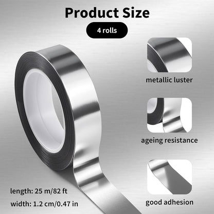 4 Rolls/110 Yard Metallic Mirror Tape - Silver 1/2'' Decorative Tapes - Self Adhesive Polyester Film Decor Tapes - DIY Graphic Art Tape - Wall Decor TV Frame Crafts Gift Box Wrapping