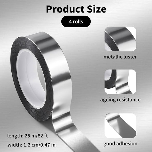 4 Rolls/110 Yard Metallic Mirror Tape - Silver 1/2'' Decorative Tapes - Self Adhesive Polyester Film Decor Tapes - DIY Graphic Art Tape - Wall Decor TV Frame Crafts Gift Box Wrapping
