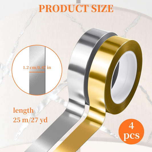 4 Rolls/110 Yard Metallic Mirror Tape - Gold & Silver 1/2'' Decorative Tapes - Self Adhesive Polyester Film Decor Tapes - DIY Graphic Art Tape - Wall Decor TV Frame Crafts Gift Box Wrapping