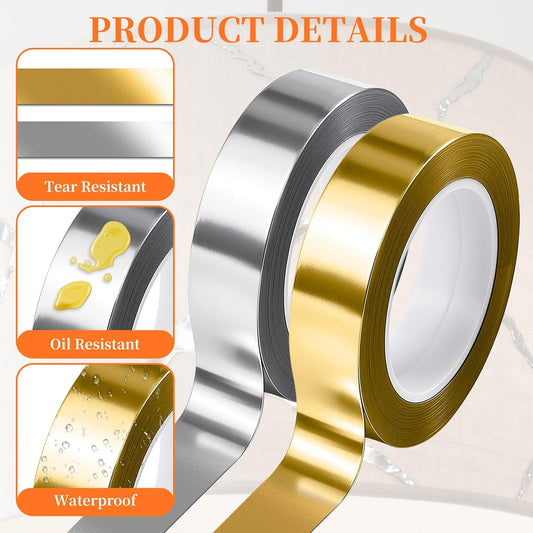 4 Rolls/110 Yard Metallic Mirror Tape - Gold & Silver 1/2'' Decorative Tapes - Self Adhesive Polyester Film Decor Tapes - DIY Graphic Art Tape - Wall Decor TV Frame Crafts Gift Box Wrapping