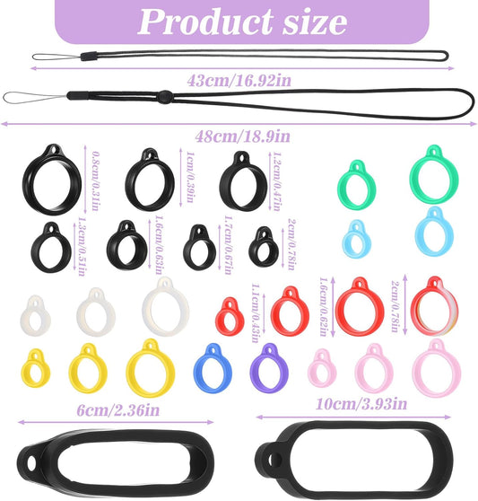 34Pcs Anti-Lost Lanyard Set Include 9 Style Black Silicone Rubber Rings-3Pcs Adjustable Lanyards,4 Style Colorful Rubber Rings,Soft Pen Protective Holder for Keychain Necklace Pen