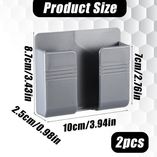 2 Pcs Wall Mount Phone Holder Self Adhesive Phone Shelf with Data Cable Receiving Hole, Grey Charger Remote Control Storage Box, Cell Cradle Bedside Organizer Remote Control Stand for Home Office