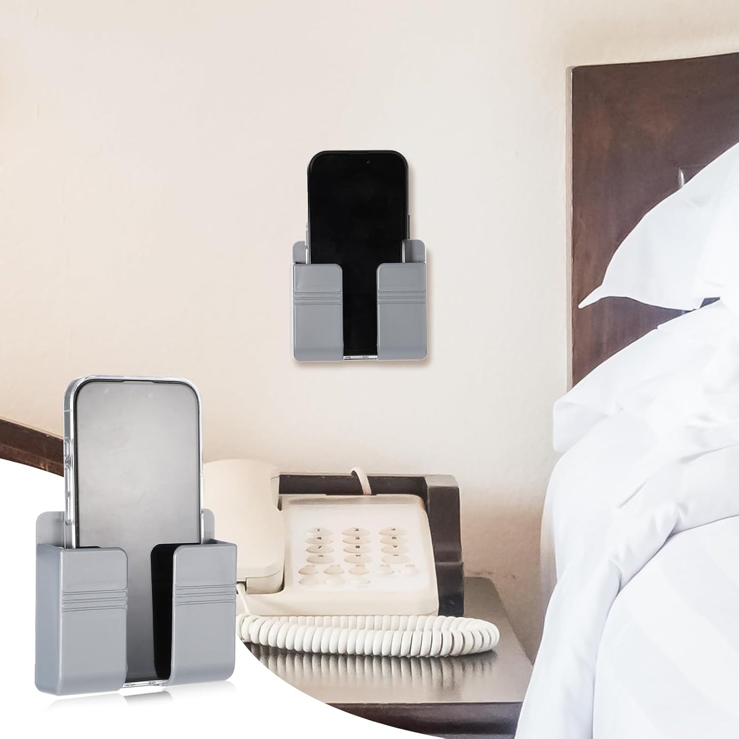 2 Pcs Wall Mount Phone Holder Self Adhesive Phone Shelf with Data Cable Receiving Hole, Grey Charger Remote Control Storage Box, Cell Cradle Bedside Organizer Remote Control Stand for Home Office