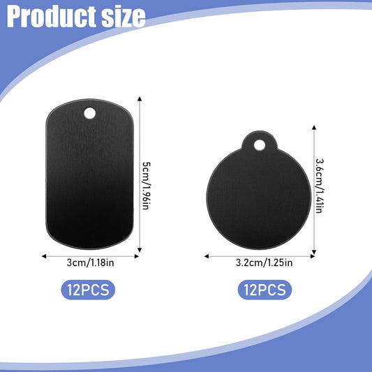 24 Pcs Metal Stamping Blanks Black Aluminum Tags for Stamping, 2 Shapes Engraving Blanks Keychain Dog Tag Blank Signs for Engraving
