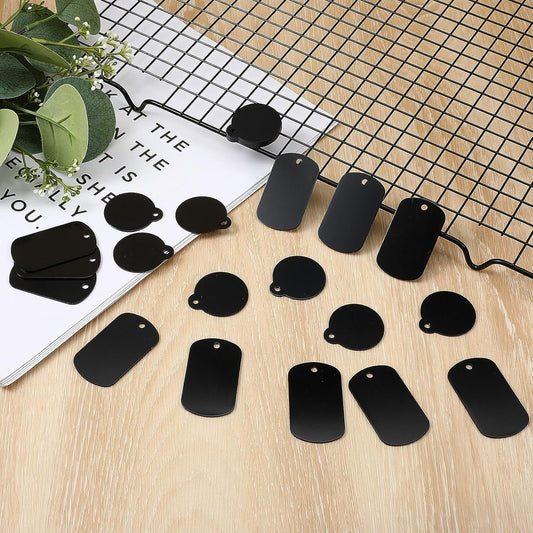 24 Pcs Metal Stamping Blanks Black Aluminum Tags for Stamping, 2 Shapes Engraving Blanks Keychain Dog Tag Blank Signs for Engraving