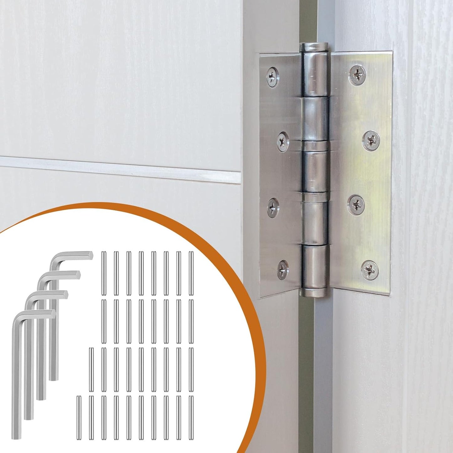 Self Closing Door Hinges Tension Pin Replacement Kit, 35pcs Stainless Steel Shelf Pins and 4pcs Hex Wrenches, Metal Dowel Pegs Shelf Support Pins for Automatic Closing of Door Hinges on Garage Doors