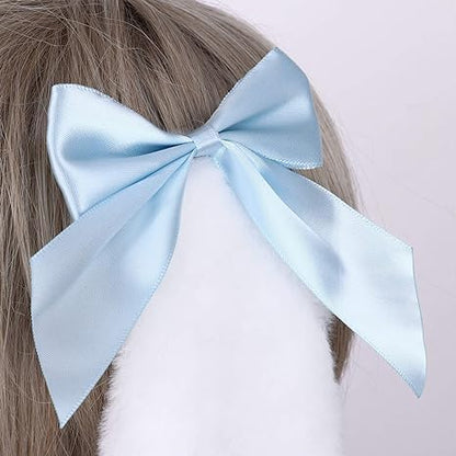 1 Pair Blue Girls Bunny Plush Lop Ears Hair Clip Rabbit Furry Ears Ribbon Bow-knot Hair Clamp Hairpin Cosplay Headwear Easy to Wear Ornaments, Hair Accessories