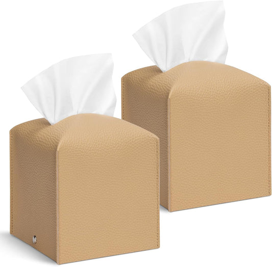 2 Pcs Square Cream Tissue Box Cover PU Leather Decorative Tissue Organizer Dispenser Holder for Bathroom, Desk, Home, Car, Office, 5.12" X 5.12" X 5.12"