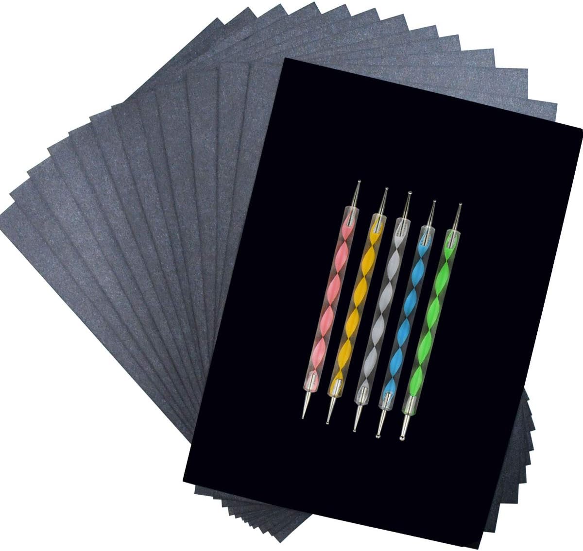 100 Sheets Carbon Transfer Paper Tracing for DIY Wood Working Canvas and Other Art Craft Surfaces Graphite & 5 Pieces Ball Embossing Stylus Black (8.3 x 11.7 Inches)