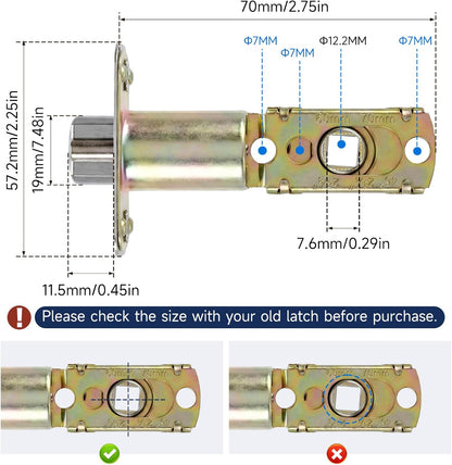 Adjustable Deadlatch 2-3/8''(60mm) or 2-3/4''(70mm), Adjustable Door Latch Entry Door Lock 45° Turning Angle Replacement Part Latch and Strike with Dust Box, Universal Smart Doors Lock Deadlatch