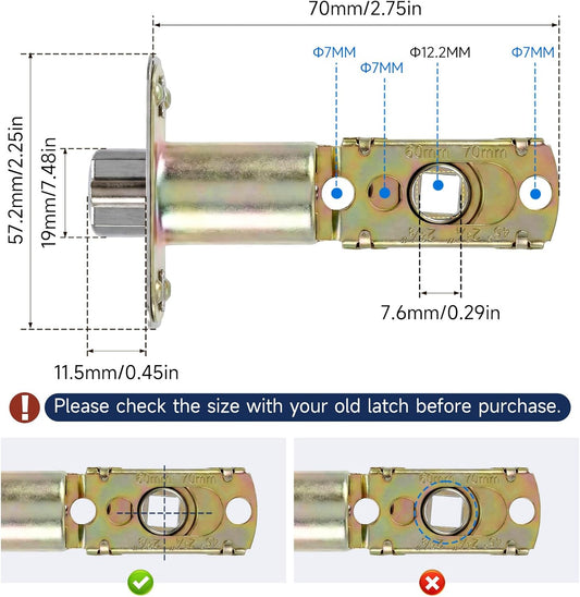 Adjustable Deadlatch 2-3/8''(60mm) or 2-3/4''(70mm), Adjustable Door Latch Entry Door Lock 45° Turning Angle Replacement Part Latch and Strike with Dust Box, Universal Smart Doors Lock Deadlatch