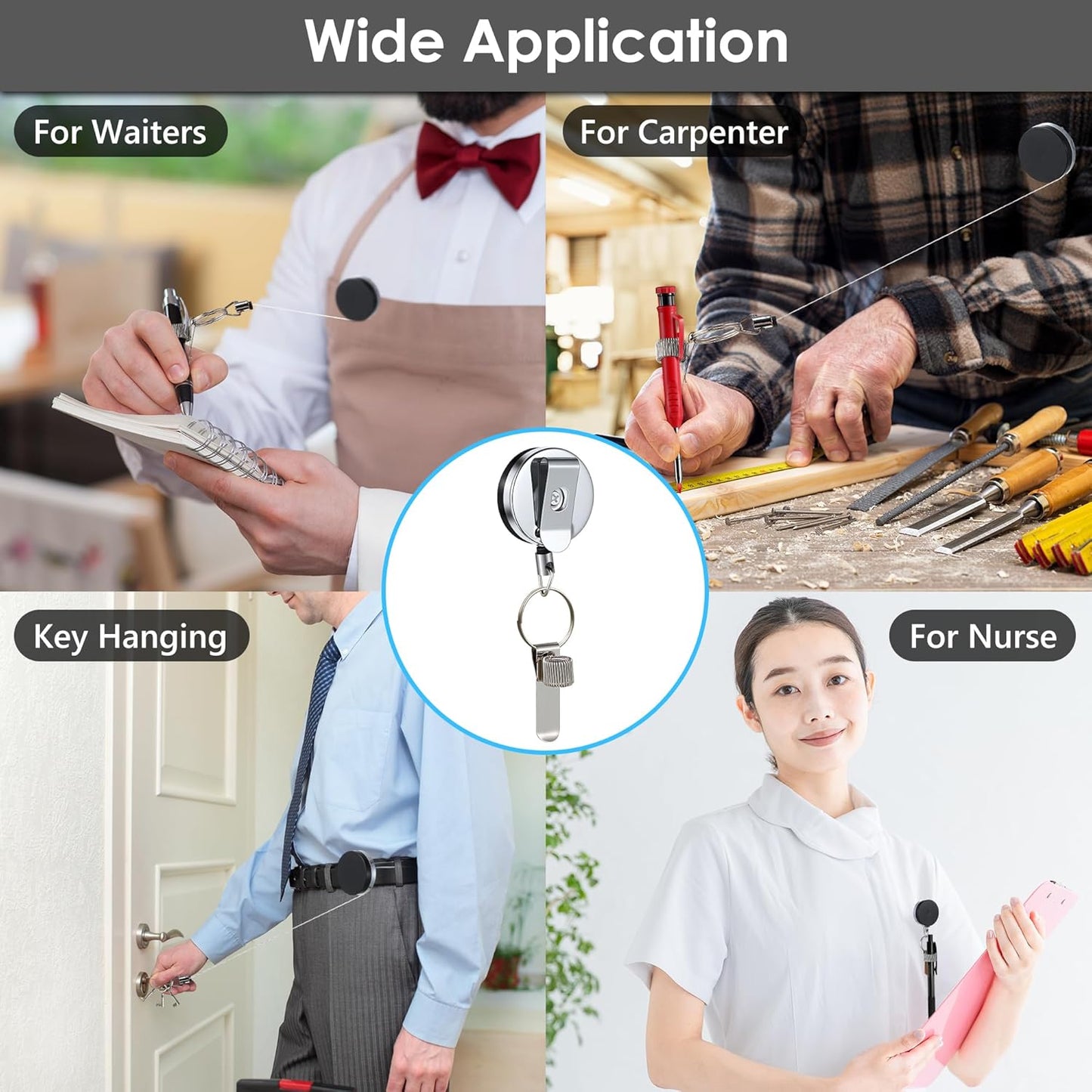 Landhoow 2 Pcs Retractable Pull Pen Pencil Holder, 27.5'' Retractable Pen Holder for Carpenters, Workers, Nurses, Bricklayer, Waiter, Universal Pencil Lanyard with Belt Clip and Key Ring