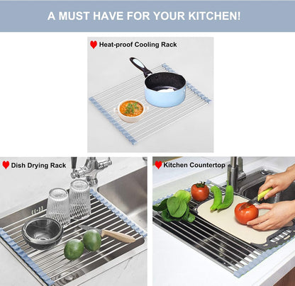 Over The Sink Dish Drying Rack, Roll Up Dish Drying Rack Kitchen Dish Rack + Silicone Soda Can Cover Lids, Reusable Soda Can Lids Beer Can