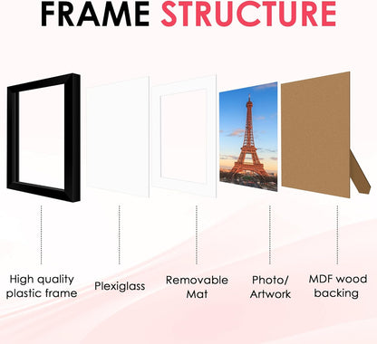 8x10 Picture Frame, Black Poster Frame with HD Plexiglass, Display Pictures 5x7 with Mat or 8x10 Without Mat, Photo Frames Collage for Tabletop or Wall Display, 2 Pack