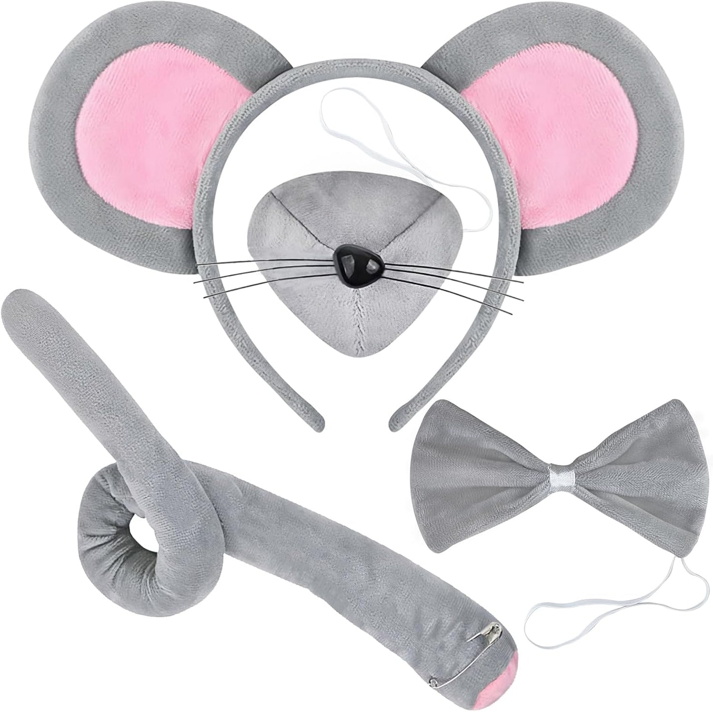 Mouse Costume Accessory Set,Rat Costume Set,Mouse Costume Set Includes Ear Headband,Tail,Nose,Bow Tie for Halloween
