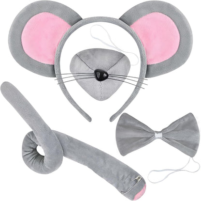 Mouse Costume Accessory Set,Rat Costume Set,Mouse Costume Set Includes Ear Headband,Tail,Nose,Bow Tie for Halloween