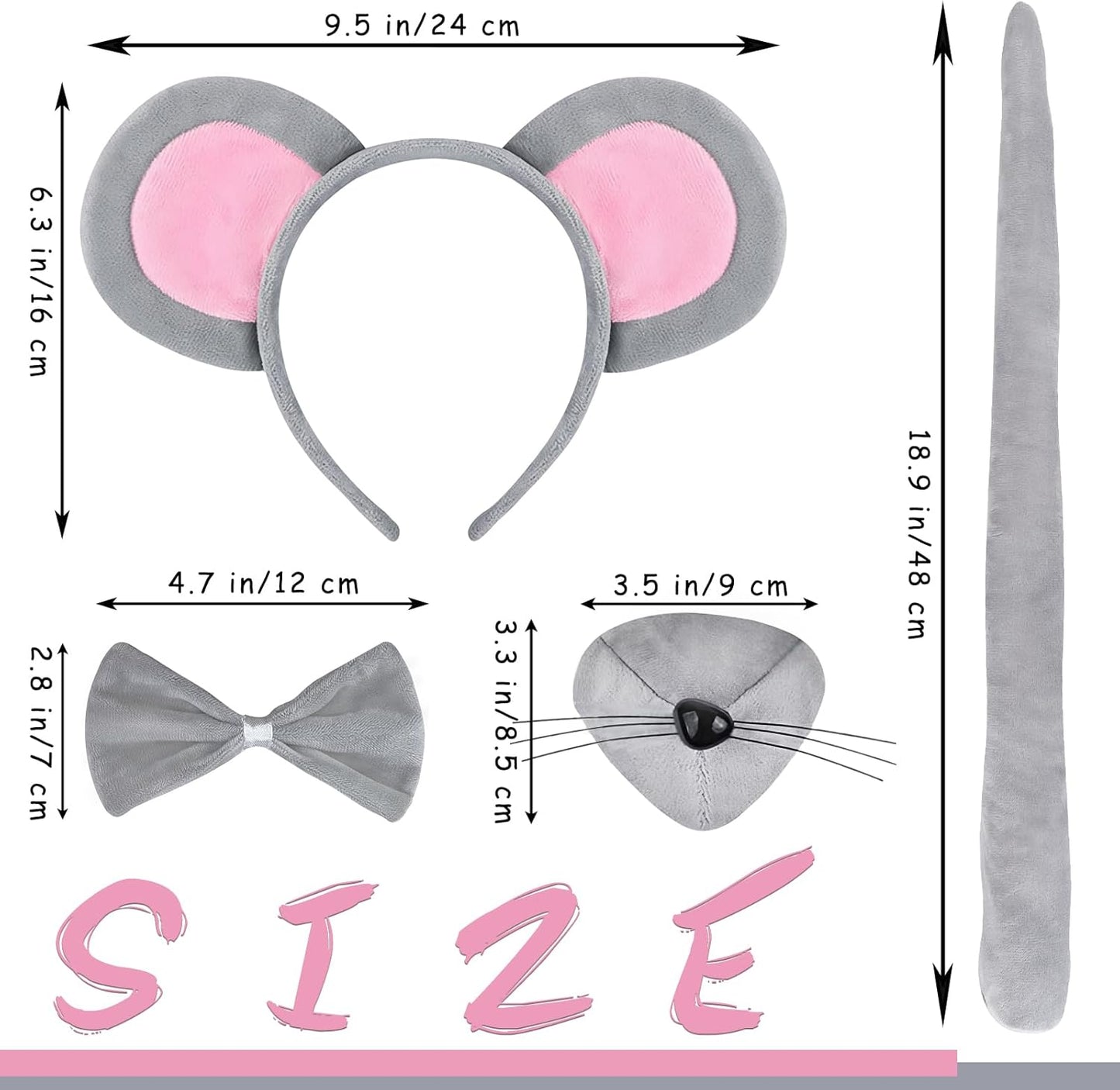 Mouse Costume Accessory Set,Rat Costume Set,Mouse Costume Set Includes Ear Headband,Tail,Nose,Bow Tie for Halloween