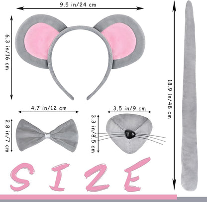 Mouse Costume Accessory Set,Rat Costume Set,Mouse Costume Set Includes Ear Headband,Tail,Nose,Bow Tie for Halloween