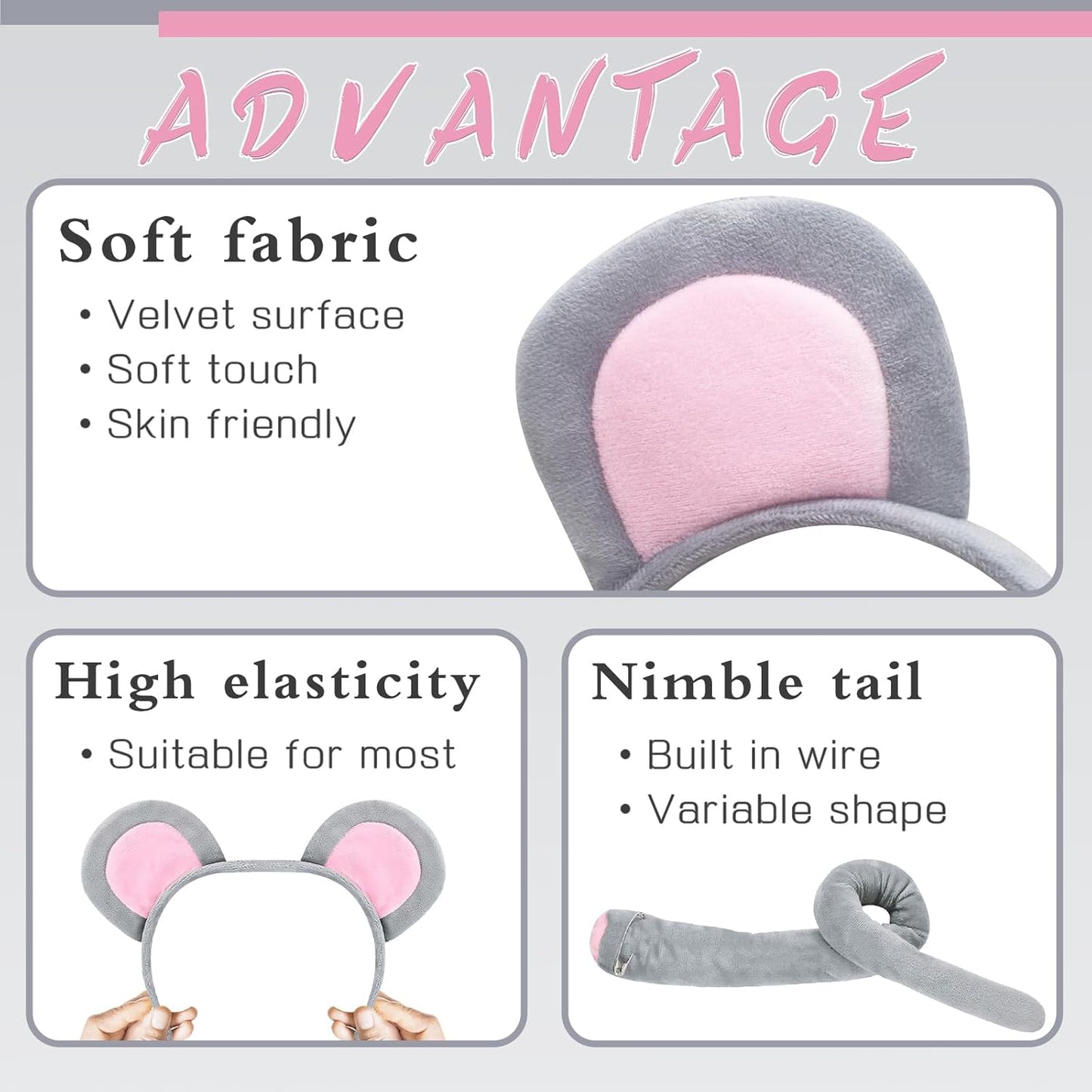 Mouse Costume Accessory Set,Rat Costume Set,Mouse Costume Set Includes Ear Headband,Tail,Nose,Bow Tie for Halloween