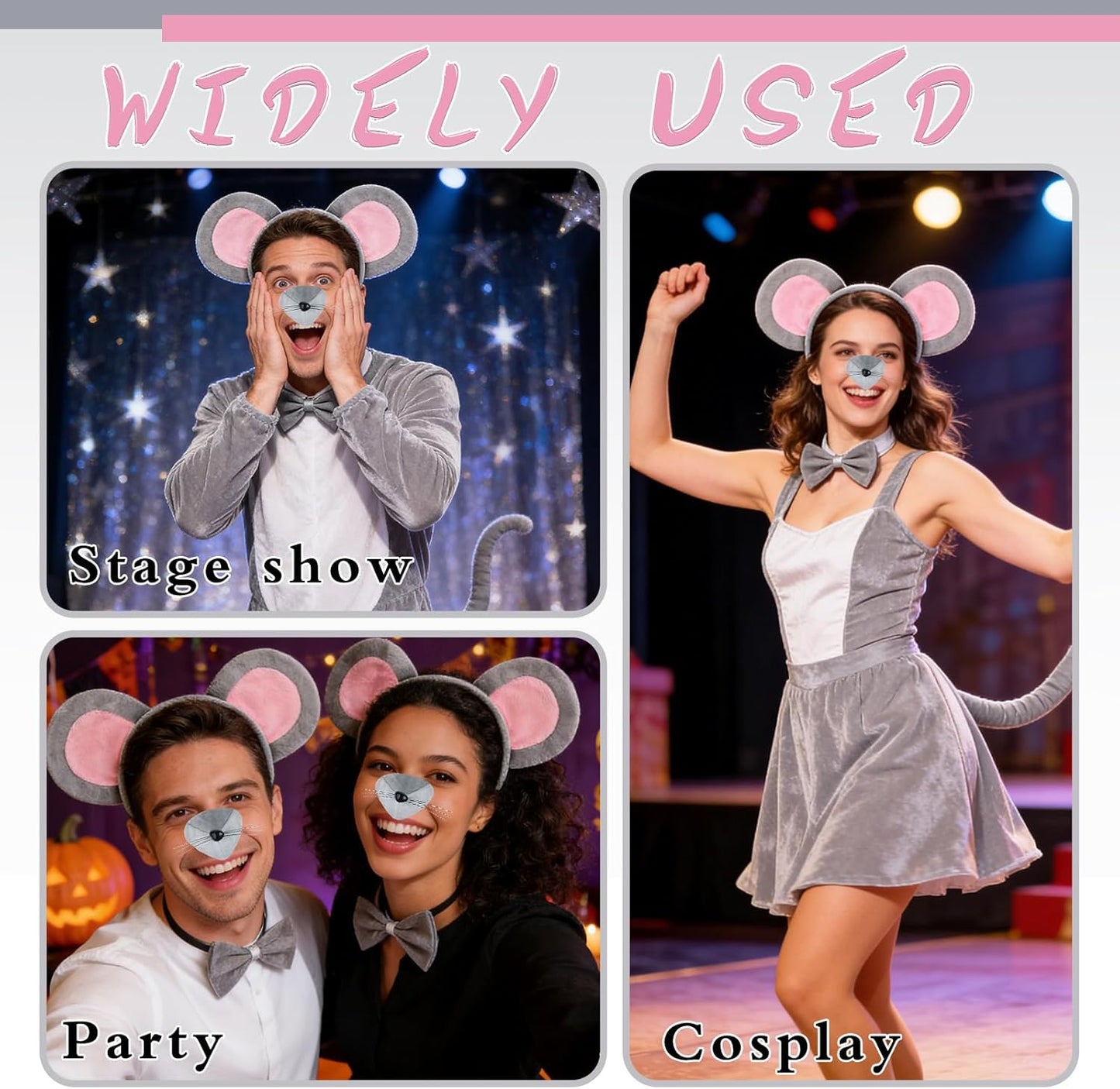 Mouse Costume Accessory Set,Rat Costume Set,Mouse Costume Set Includes Ear Headband,Tail,Nose,Bow Tie for Halloween