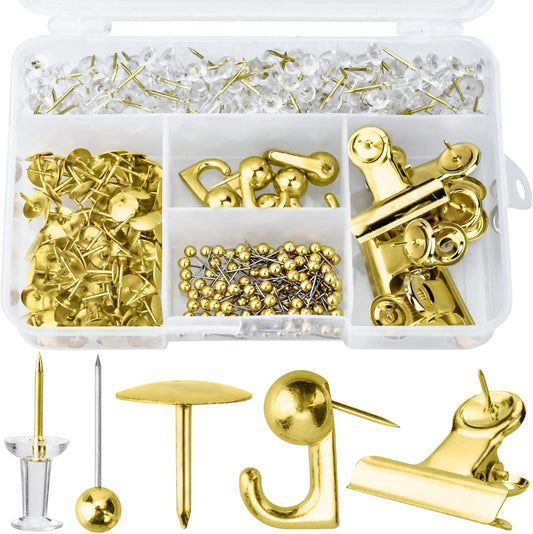Gold Push Pin Kit 310 Pcs Decorative Thumb Tacks with Push Pin Hook Pushpin for Cork Board Bulletin Board Office Wall - 5 Style