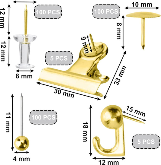 Gold Push Pin Kit 310 Pcs Decorative Thumb Tacks with Push Pin Hook Pushpin for Cork Board Bulletin Board Office Wall - 5 Style