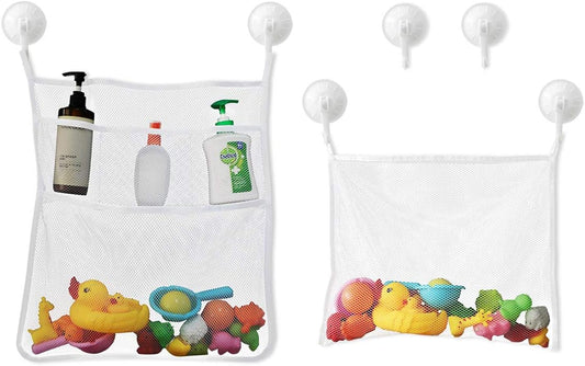 Petluno Bath Toy Organizer Mesh Storage Baby Shower Toys Bathtub Net Bag Kids Quick Dry Holder 2 X Bathroom & 6 Strong Suction Hooks (White)