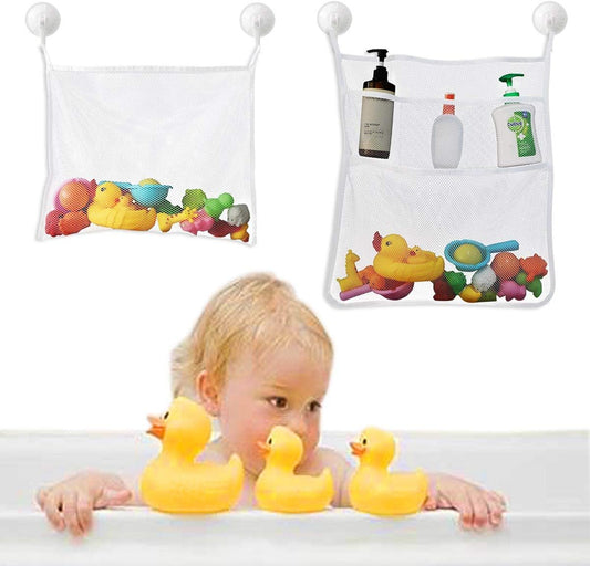 Petluno Bath Toy Organizer Mesh Storage Baby Shower Toys Bathtub Net Bag Kids Quick Dry Holder 2 X Bathroom & 6 Strong Suction Hooks (White)