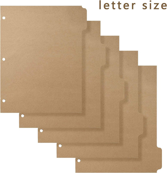 3 Ring Binder Dividers with 5-Tabs for Letter Size, 1/5 Cut, 3-Hole Punched, Blank Kraft Paper Index Dividers 8.5” x 11” for Extra Durable for College, Adults