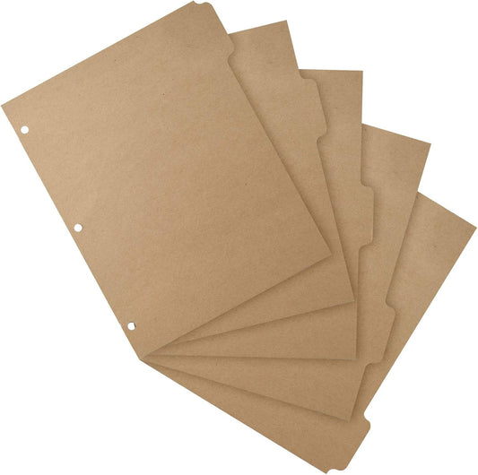 3 Ring Binder Dividers with 5-Tabs for Letter Size, 1/5 Cut, 3-Hole Punched, Blank Kraft Paper Index Dividers 8.5” x 11” for Extra Durable for College, Adults