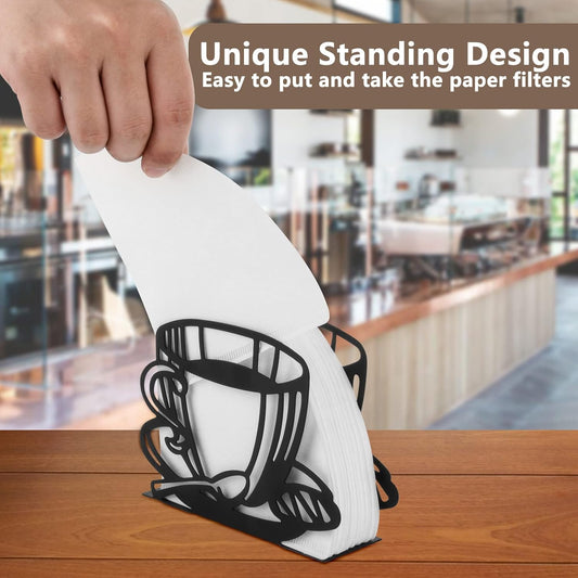 Metal Coffee Filter Stand - Holder & Rack for Coffee Filters, Paper Towels & Napkins - Vertical, Cone & Square Shaped (Black)