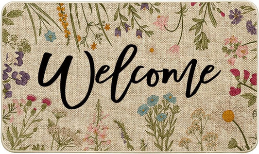 Wild Flowers Welcome Summer Doormat, Spring Home Decor Low-Profile Switch Rug Door Mat Floor Mat for Indoor Outdoor 17x29 Inch
