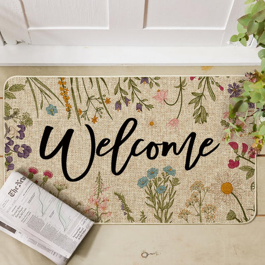 Wild Flowers Welcome Summer Doormat, Spring Home Decor Low-Profile Switch Rug Door Mat Floor Mat for Indoor Outdoor 17x29 Inch