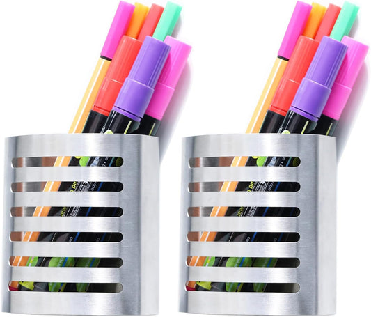 2 Pack Magnetic Modern Pen and Pencil Holder, Metal Writing Utensil Storage Organizer for Kitchen, Locker, Home, or Office, 3.25" x 1.75" x 3.50", Brushed Stainless Steel