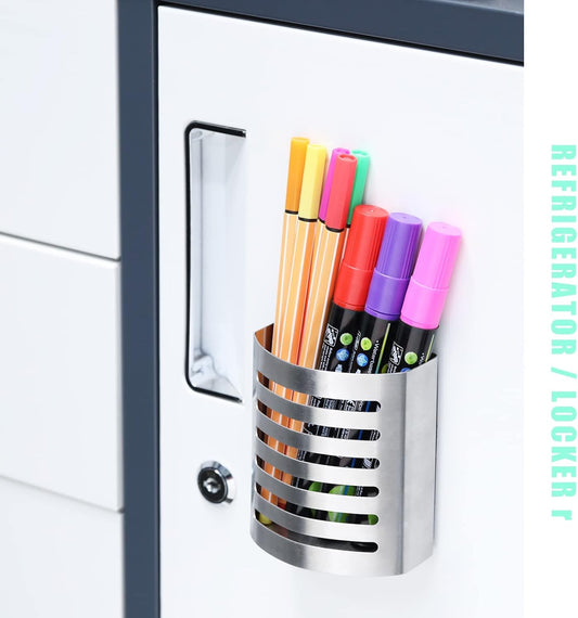 2 Pack Magnetic Modern Pen and Pencil Holder, Metal Writing Utensil Storage Organizer for Kitchen, Locker, Home, or Office, 3.25" x 1.75" x 3.50", Brushed Stainless Steel