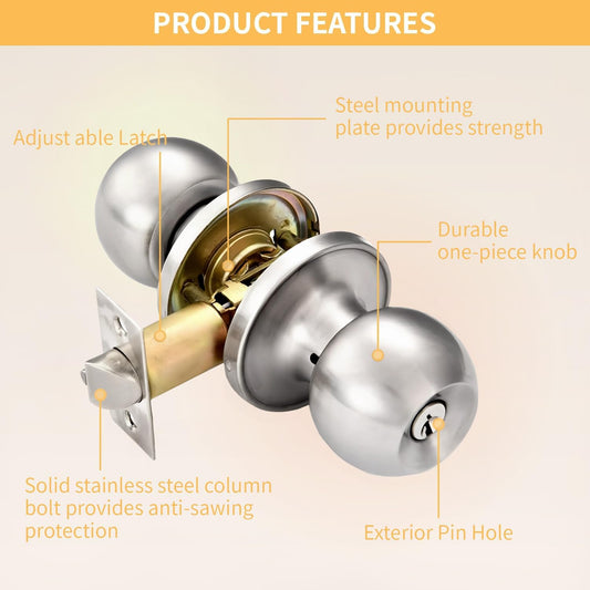 Entry Door Knob with Lock and Keys for Bedroom/Bathroom, Interior/Exterior Door Handle, Indoor/Outdoor Privacy Door Knob, Main/Front Door Handle Lock, Home Security, Poignee Porte Interieur/Exterieur