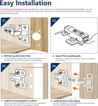 10 Pack 5 Pairs European Kitchen Cabinet Hinges Soft Close Full Overlay Cabinet Door Hinges Heavy-Duty Frameless Adjustable Concealed Cabinet Cup Hinge