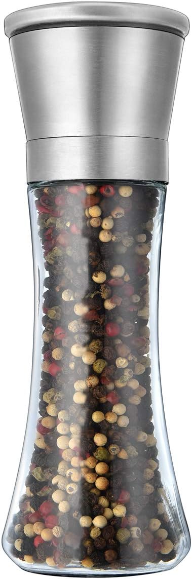 Pepper Grinder or Salt Grinder, Best Spice Mill with Ceramic Blades, Adjustable Coarseness, Brushed Stainless Steel Cap, and Refillable Tall Glass Body with 6OZ Capacity (7.5")