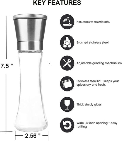 Pepper Grinder or Salt Grinder, Best Spice Mill with Ceramic Blades, Adjustable Coarseness, Brushed Stainless Steel Cap, and Refillable Tall Glass Body with 6OZ Capacity (7.5")