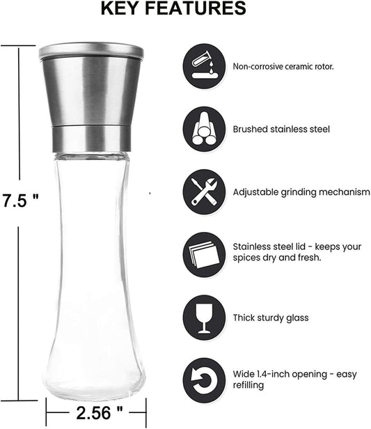 Pepper Grinder or Salt Grinder, Best Spice Mill with Ceramic Blades, Adjustable Coarseness, Brushed Stainless Steel Cap, and Refillable Tall Glass Body with 6OZ Capacity (7.5")