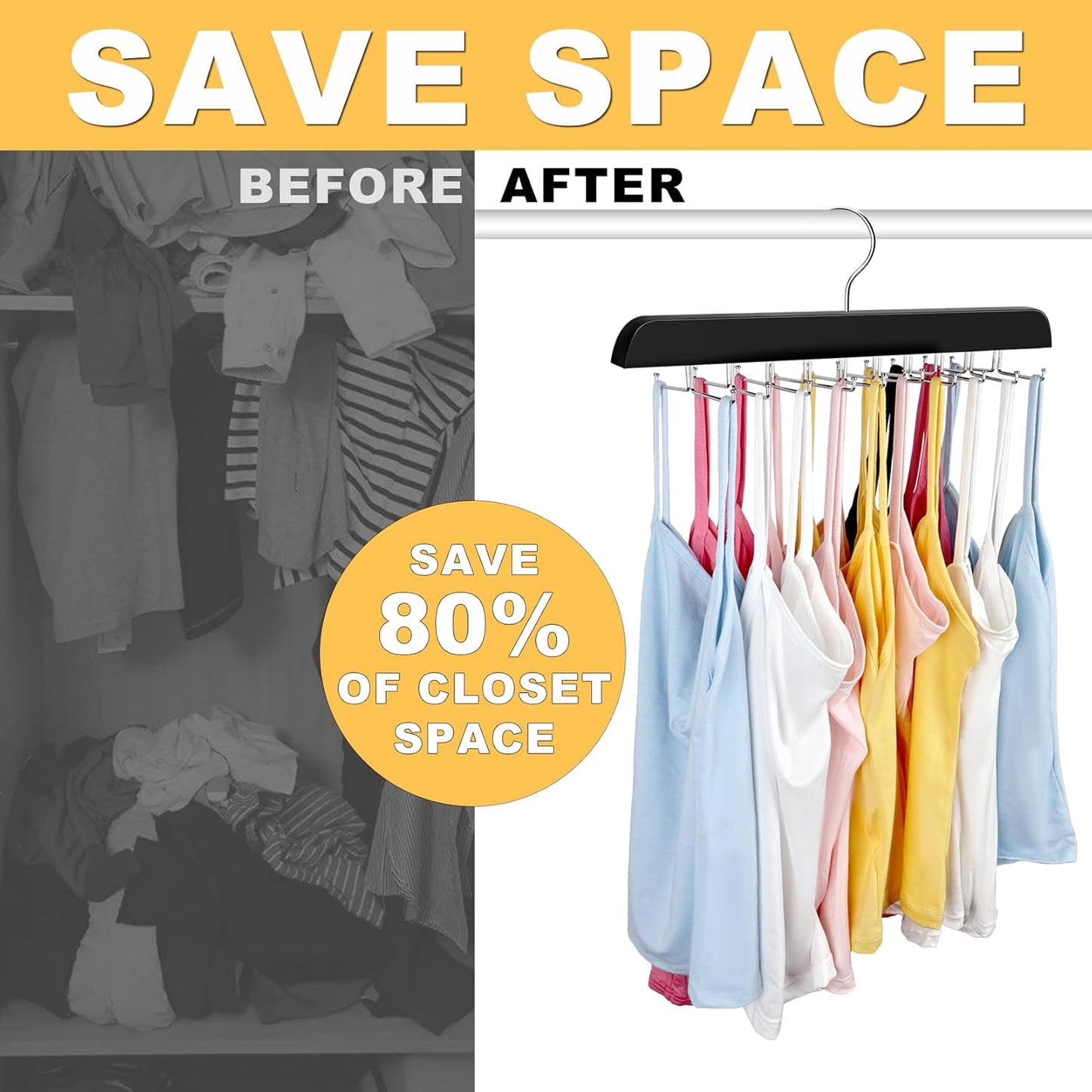 Tank Top Hanger with Premium Wood, 24 Large Capacity, Space Saving,360 Degree Rotating, Foldable Metal Hooks, Tank Tops