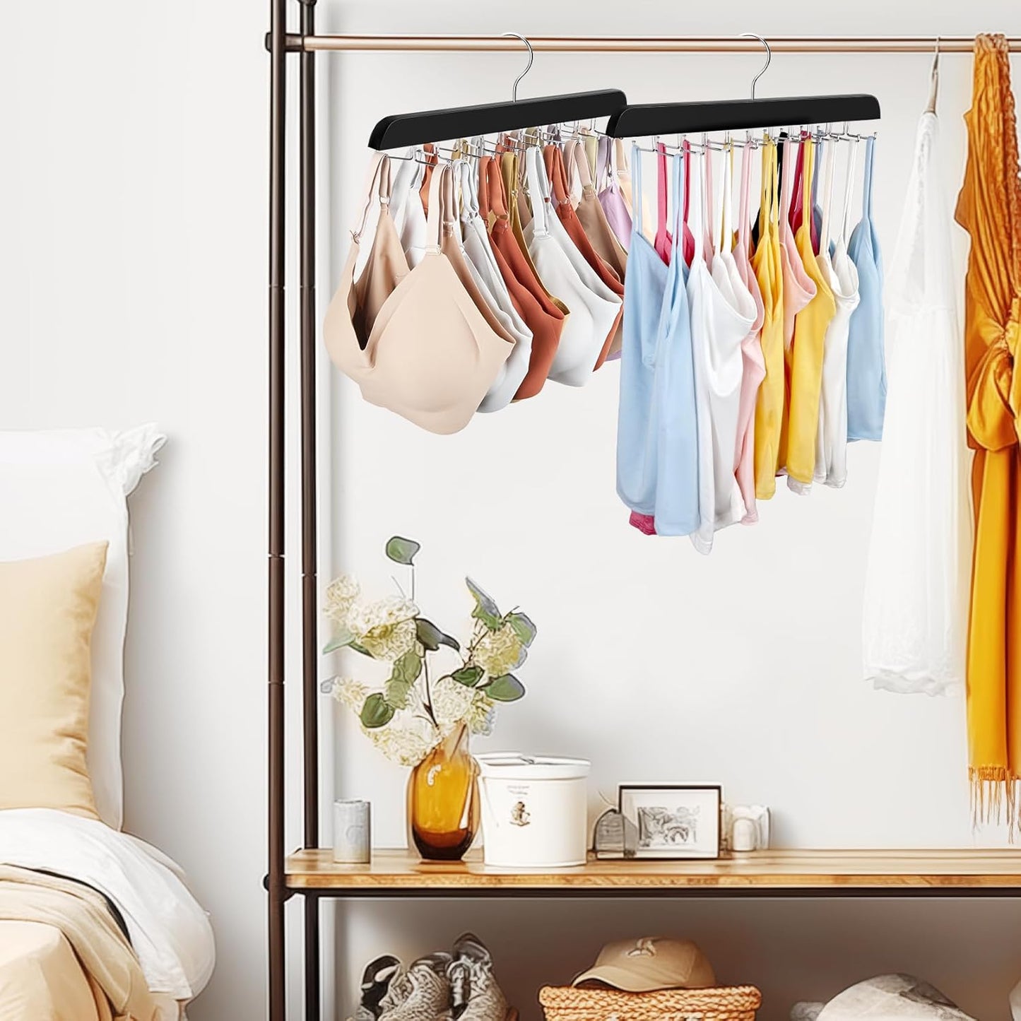 Tank Top Hanger with Premium Wood, 24 Large Capacity, Space Saving,360 Degree Rotating, Foldable Metal Hooks, Tank Tops